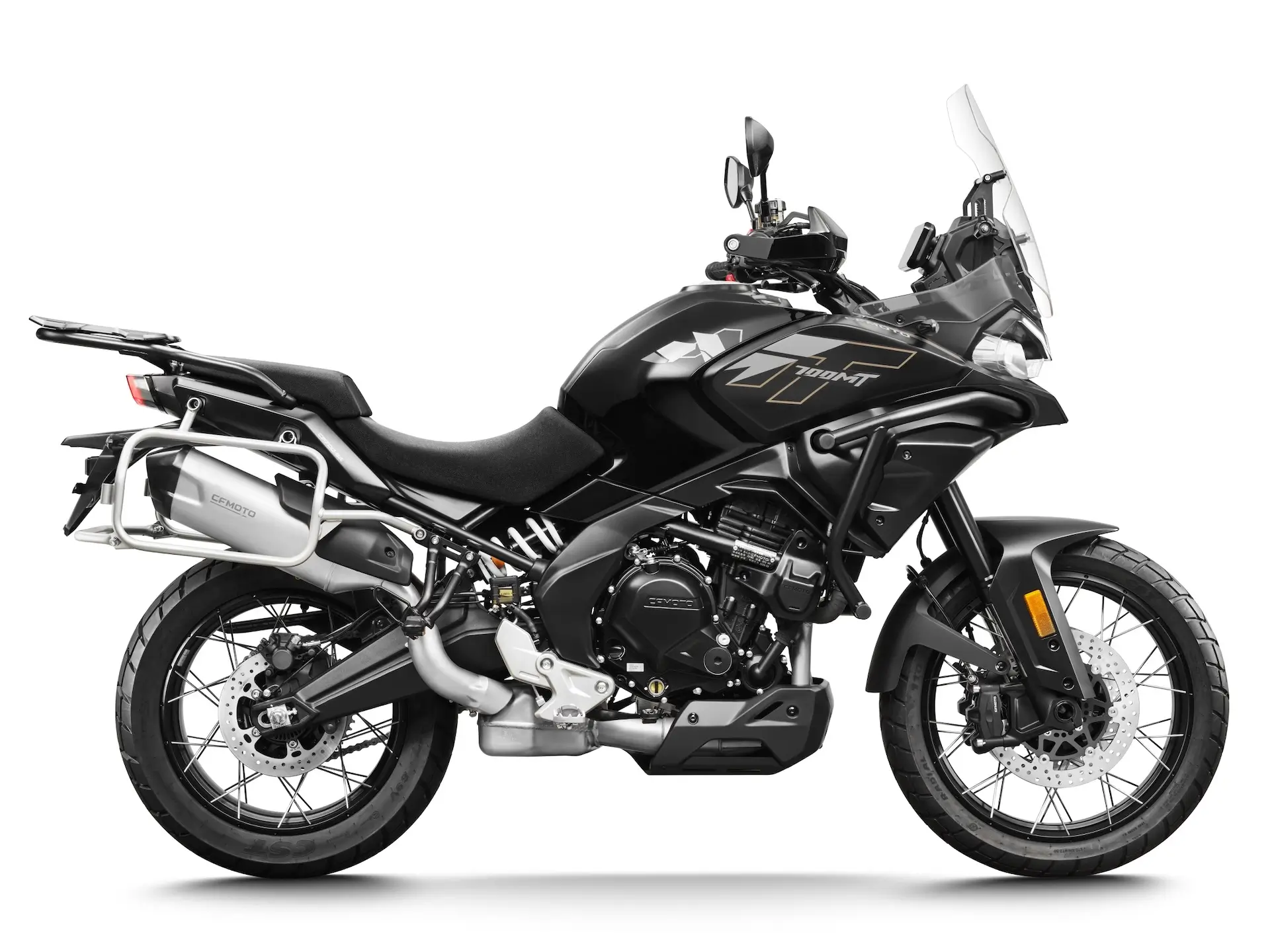 CFMOTO 700MT Nebula Black right profile with pannier frames