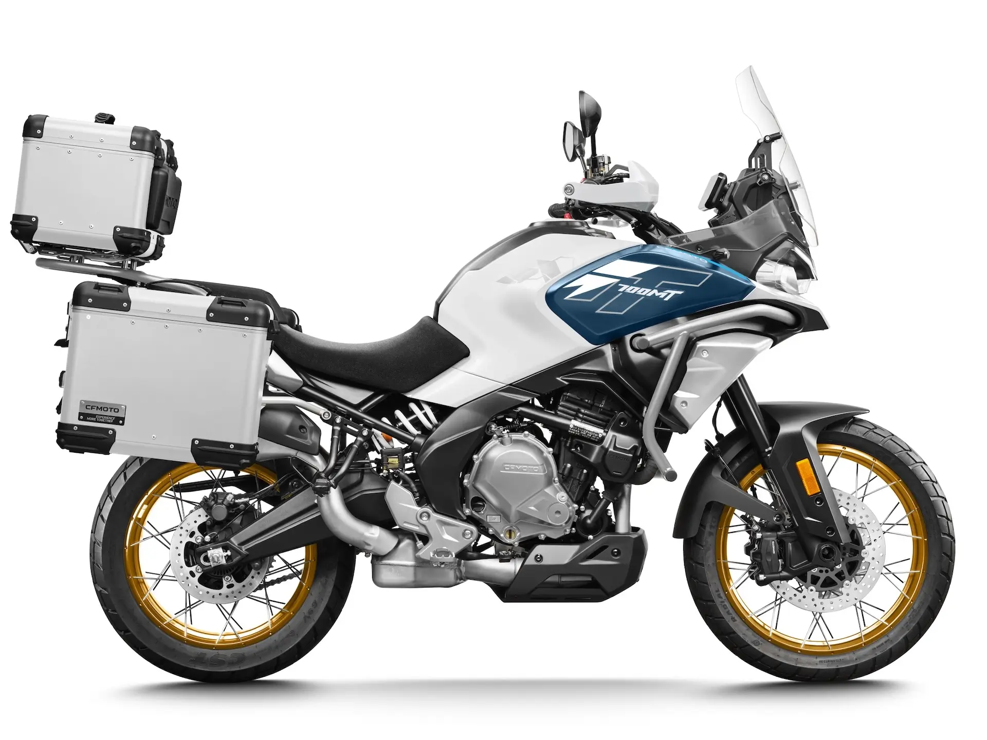 CFMOTO 700MT Nebula White right profile with full aluminium panniers