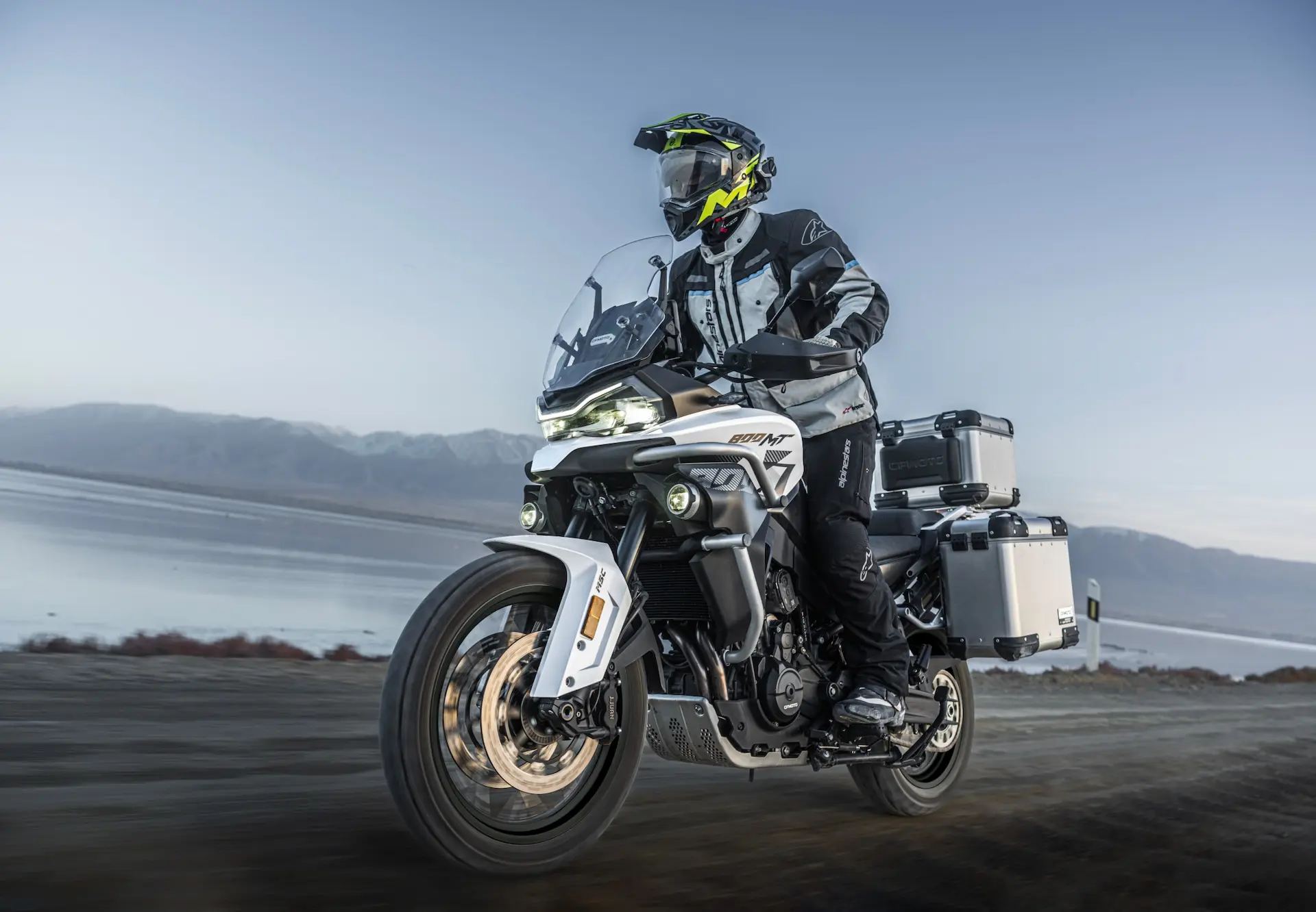 CFMOTO 800MT-ES mountain lake action shot