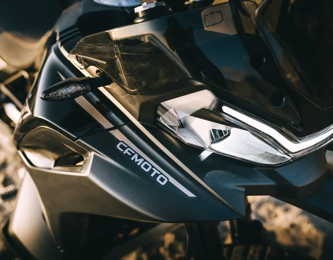 CFMOTO 800MT-X Nebula Black headlight and fairing close-up