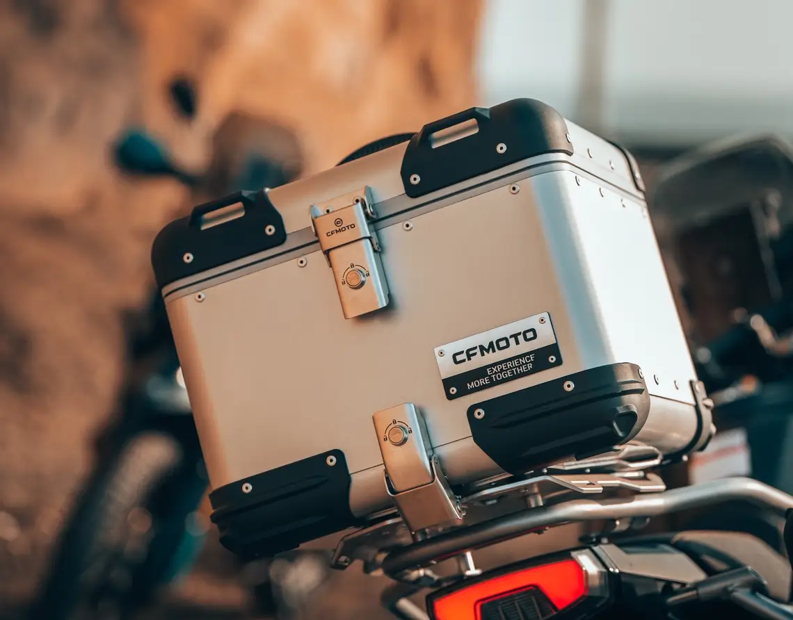 CFMOTO aluminium top box with Experience More Together badge