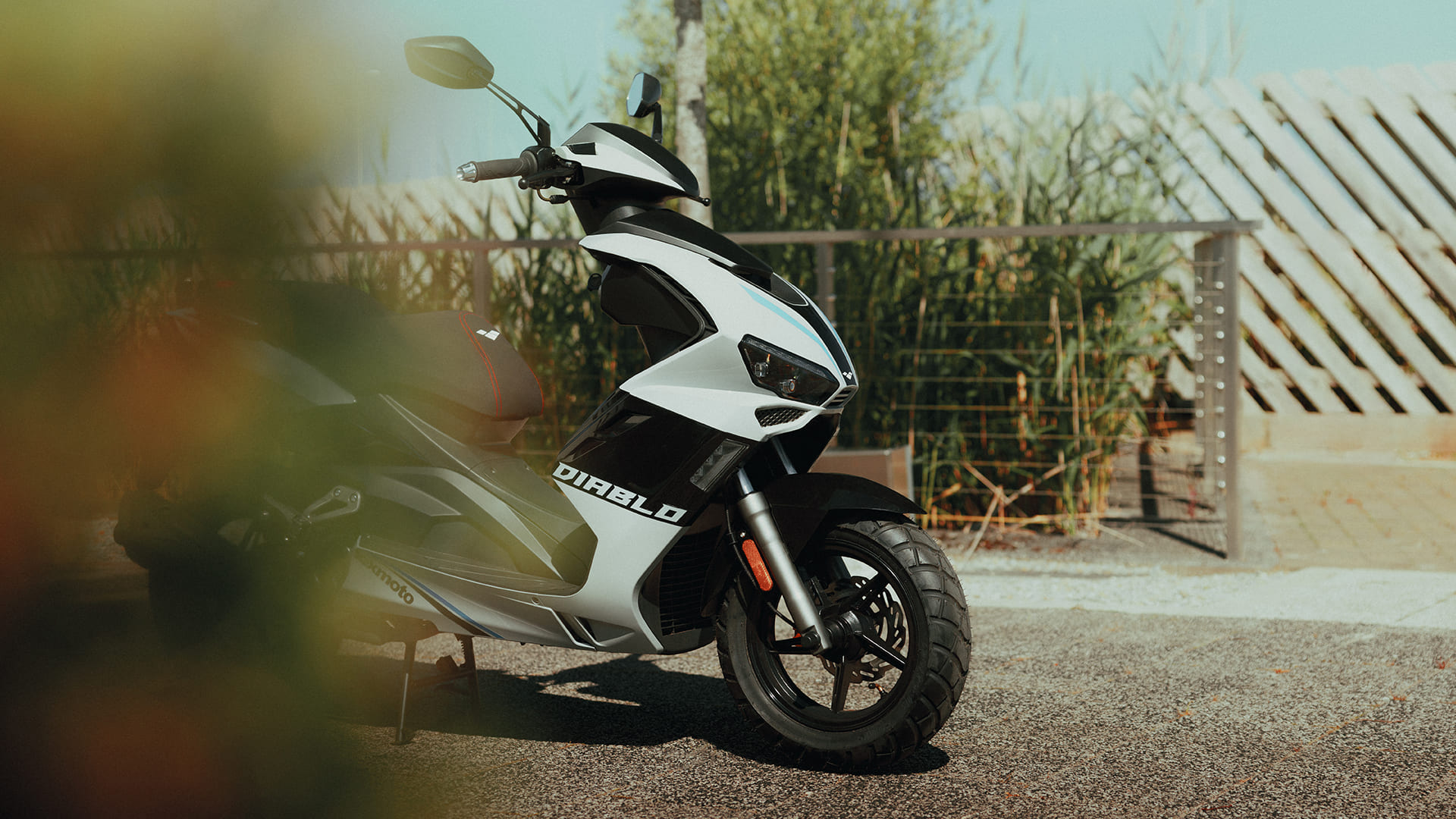 Diablo 50 front three-quarter close-up with bokeh foliage showing white bodywork