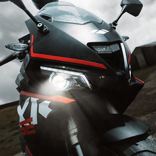 LXR SE 125 LED headlight close-up with beam